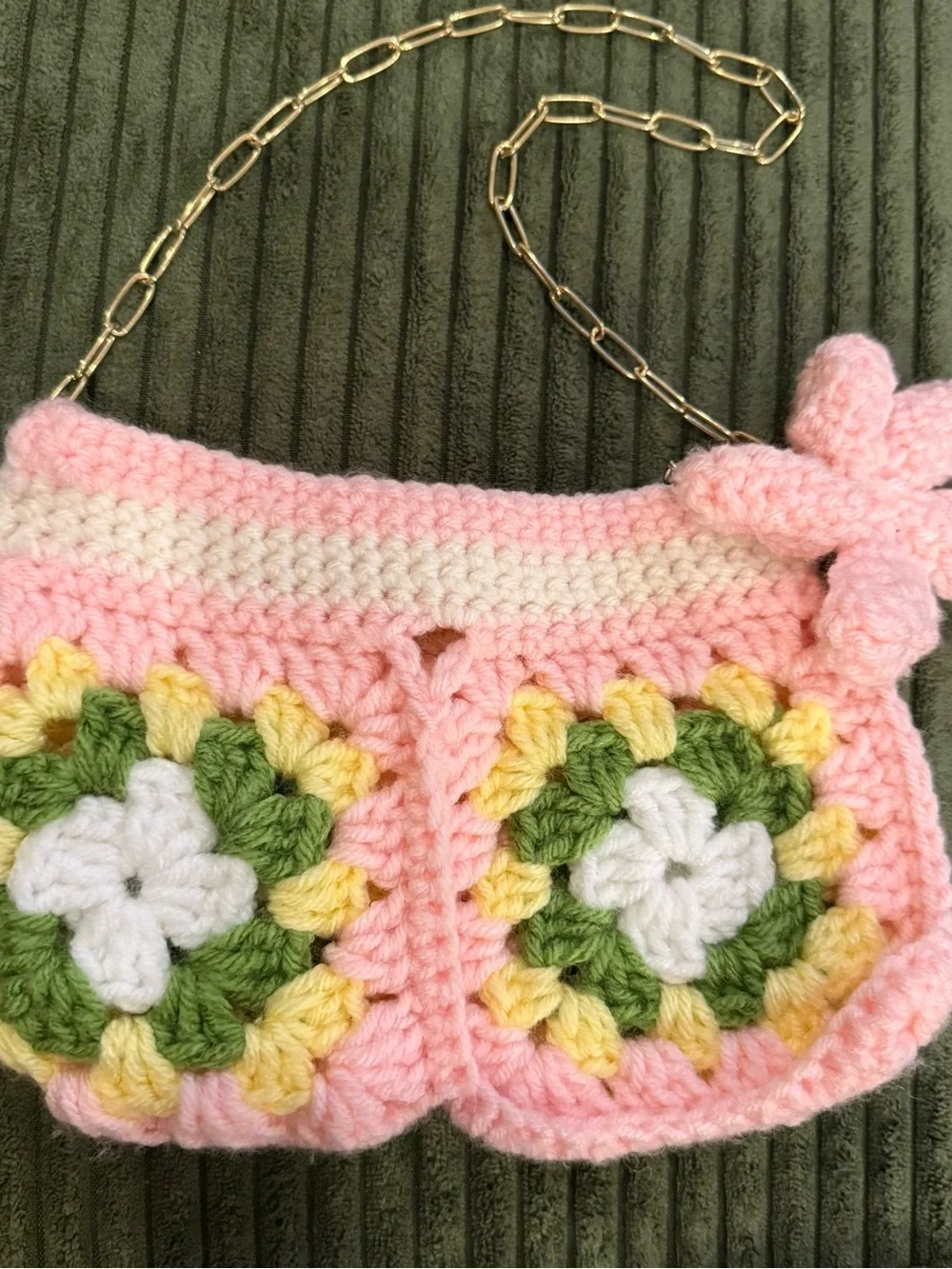 Handmade Crocheted Granny Square Purse Pink Green Gold Chain with Flower Charm